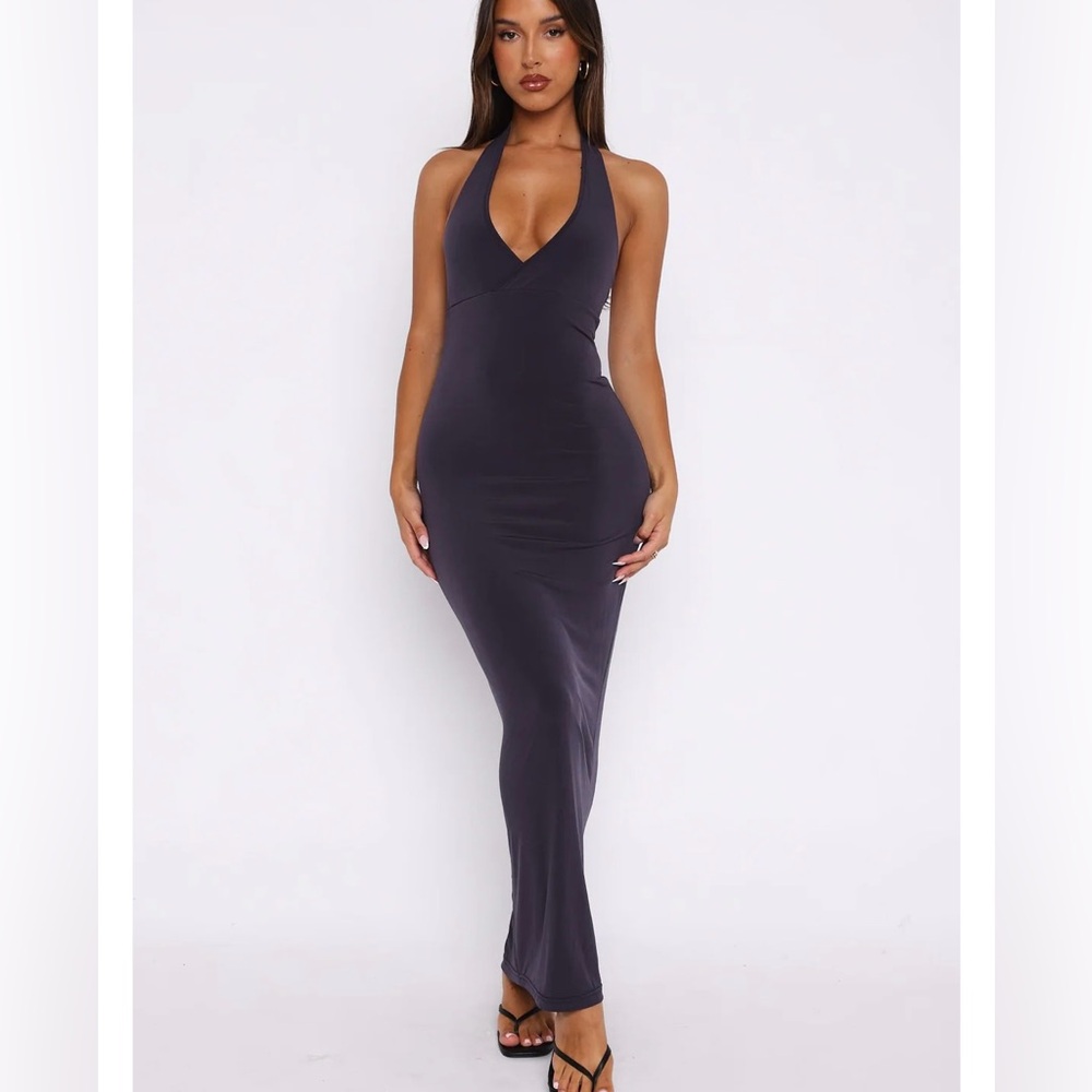 White Fox We All Want More Halter Neck Maxi Dress Charcoal Blue